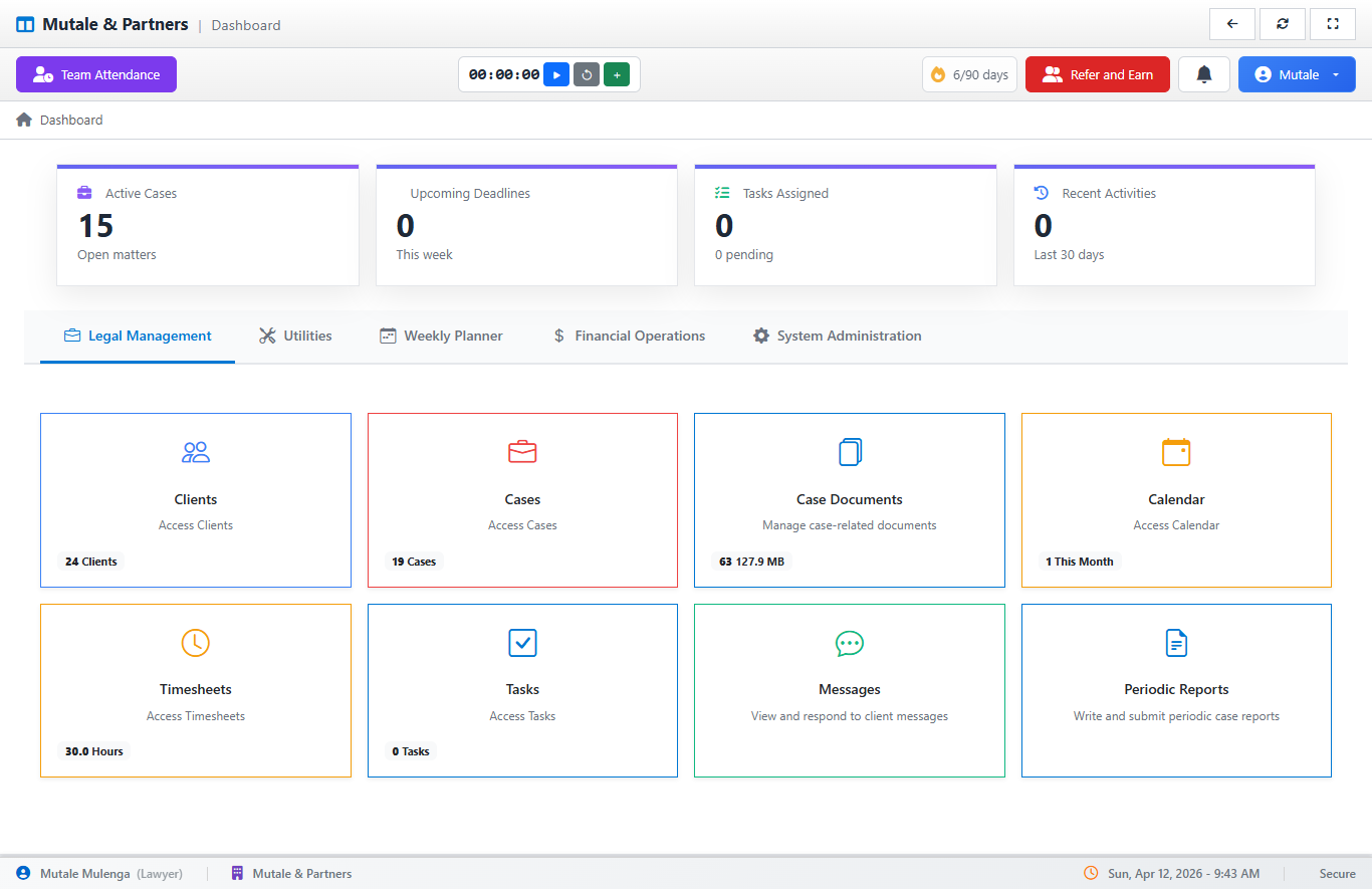 MilatuCases dashboard — legal practice management software